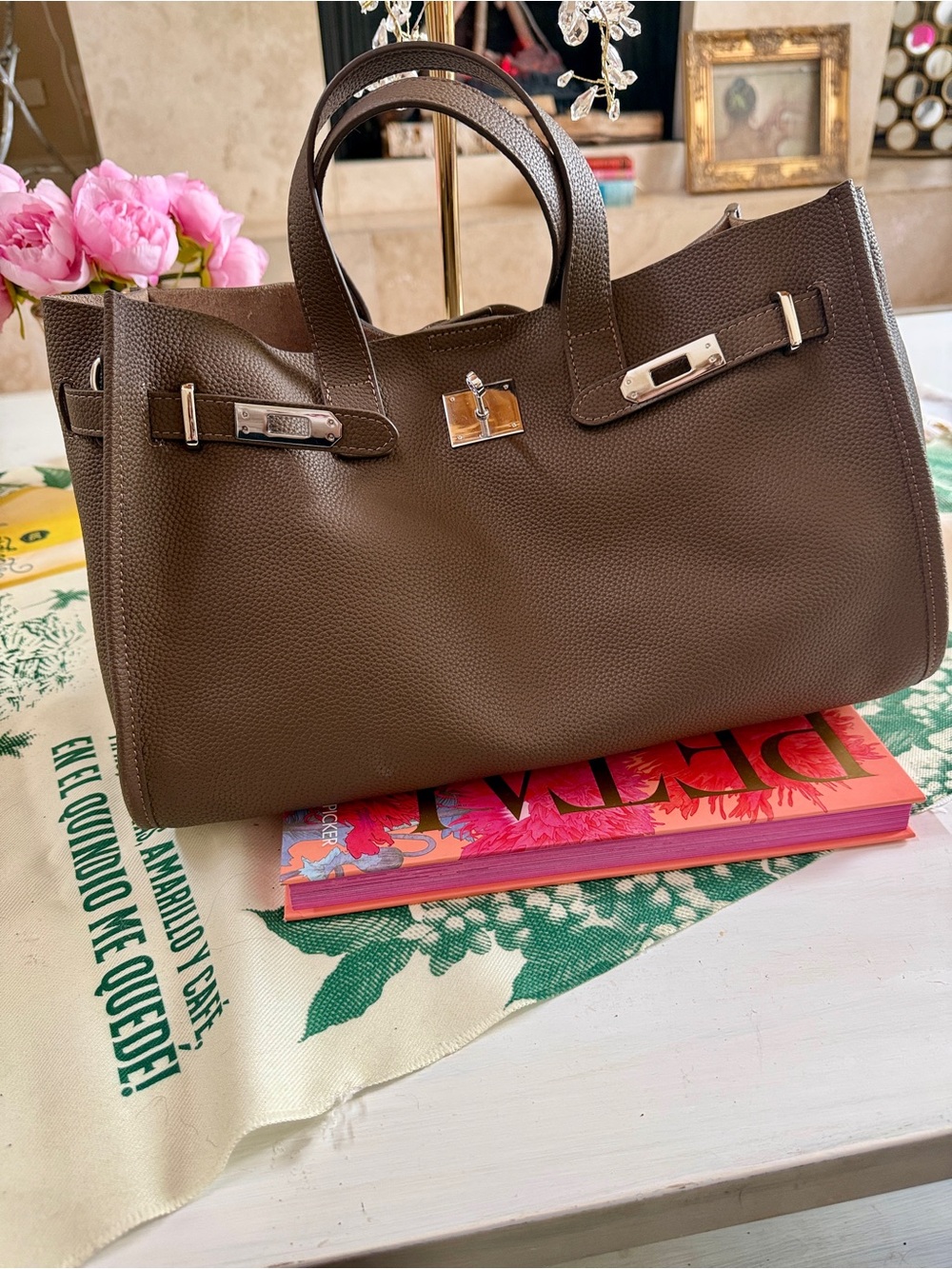 Genuine Leather Taupe Top-Handle Tote - Picture 3 of 8